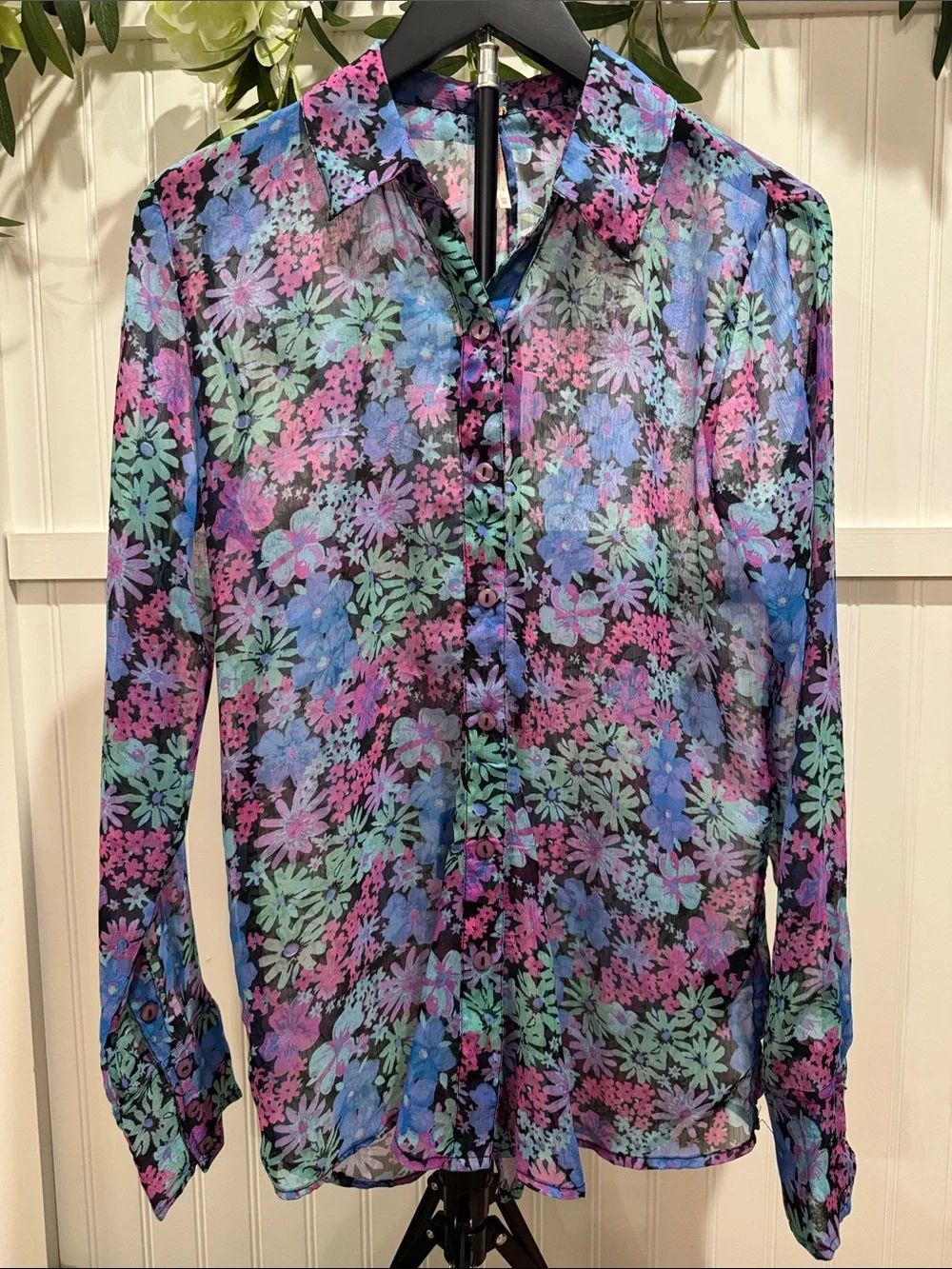 #739 FREE PEOPLE Floral Sheer Button-Down in Pink, Blue, Green, Purple PRETTY!